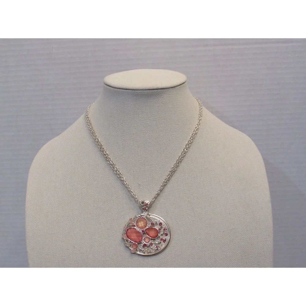 Silver Tone Orange Pink Resin Rhinestone Round‎ Filigree Pendant Necklace 18in